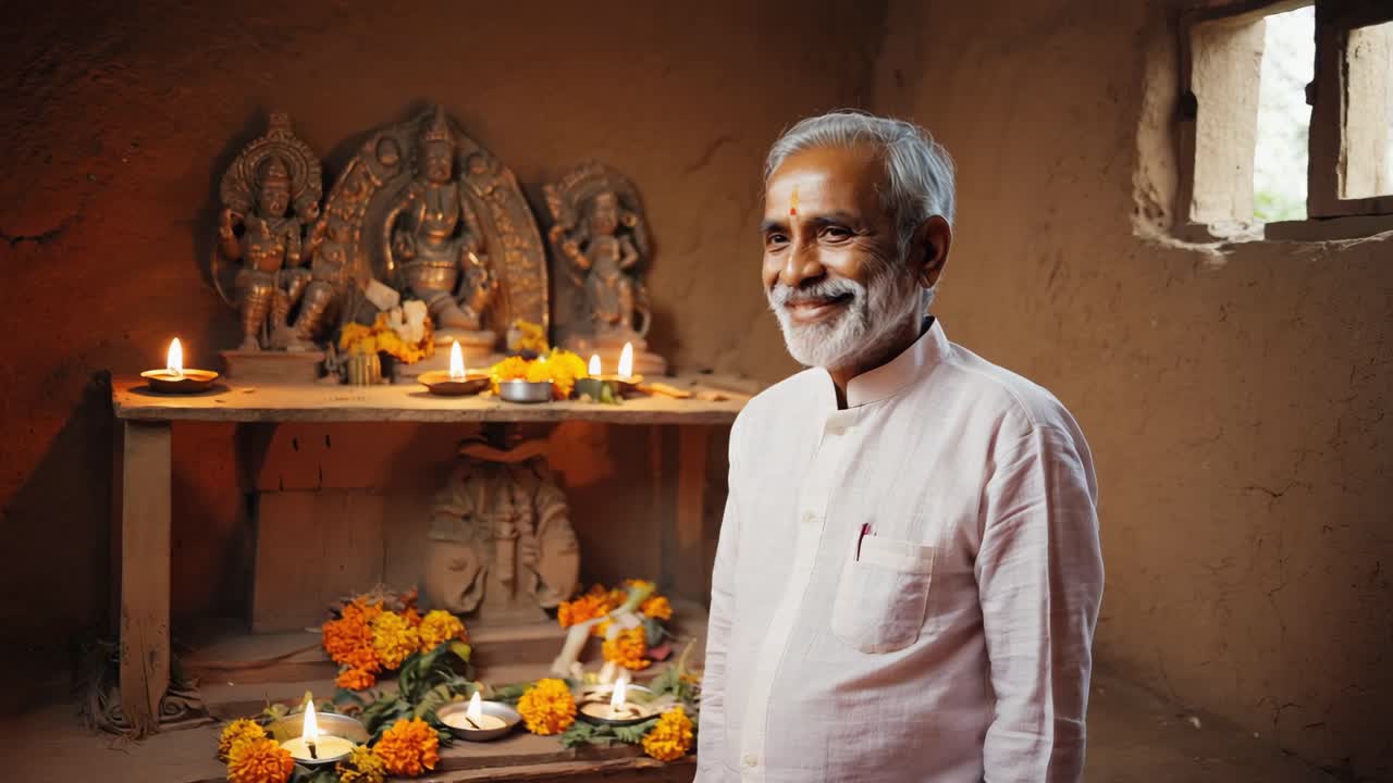 Senior priest praying inside ornate temple, wearing white traditional attire, surrounded by hindu deity statues, glowing diyas, and vibrant orange flowers