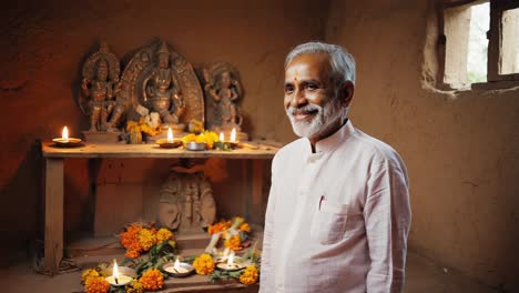 senior priest praying inside ornate temple, wearing white traditional attire, surrounded by hindu deity statues, glowing diyas, and vibrant orange flowers