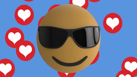 face wearing sunglasses emoji over multiple red heart icons floating against blue background