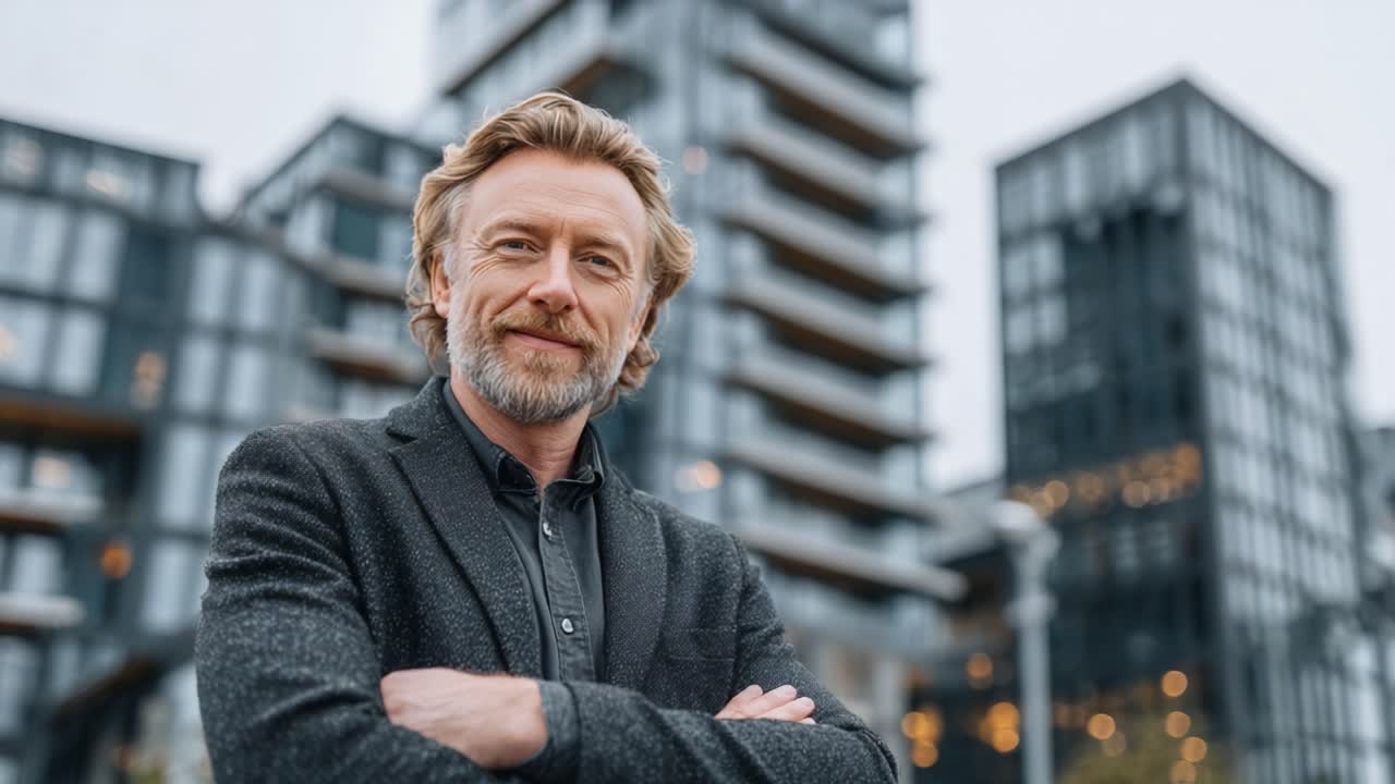 Confident Man Stands in Urban Environment - Captured in Two Frames, His Expression Transitions from Serious to Cheerful Against a Modern Architectural Backdrop