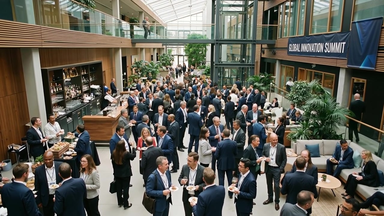 Large group of business people networking and socializing at a professional event in a spacious modern atrium