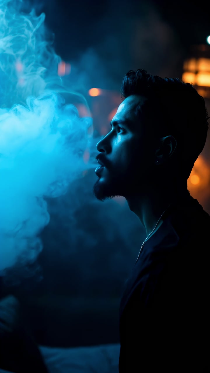 Male Figure Exhaling Blue Vapor In Dim Club Setting, Neon Backlight And Smoky Haze Create Moody Urban