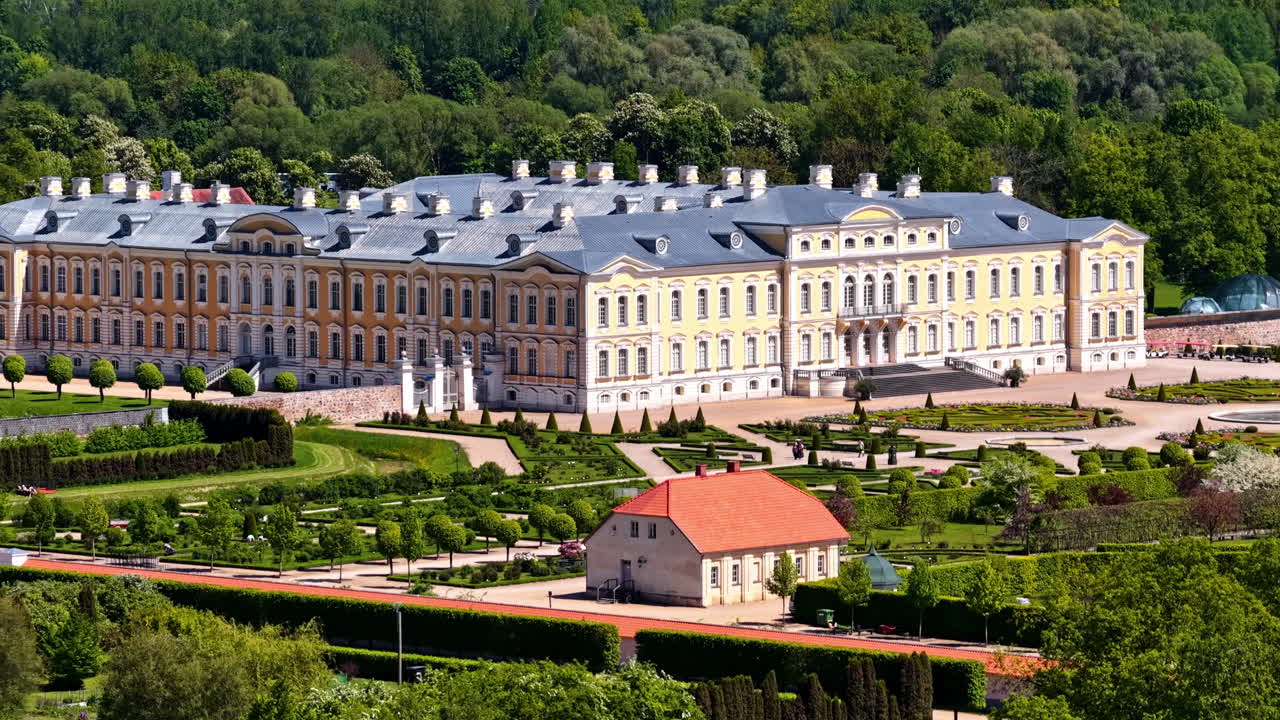 Rundale Palace Museum seen from above, symmetrical gardens and estate layout panorama