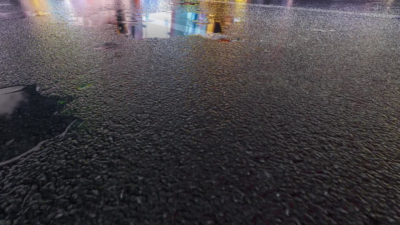 3D Heavy Rain Hitting Road At Night - 4K Realistic Rain Particle (Loopable) - Rainy Day on a colorful street with traffic - Wet Road At Night - Low angle shot of in the rain - Rainfall And Reflection On Road - Loopable Moving Image - Nevada - Las Vegas