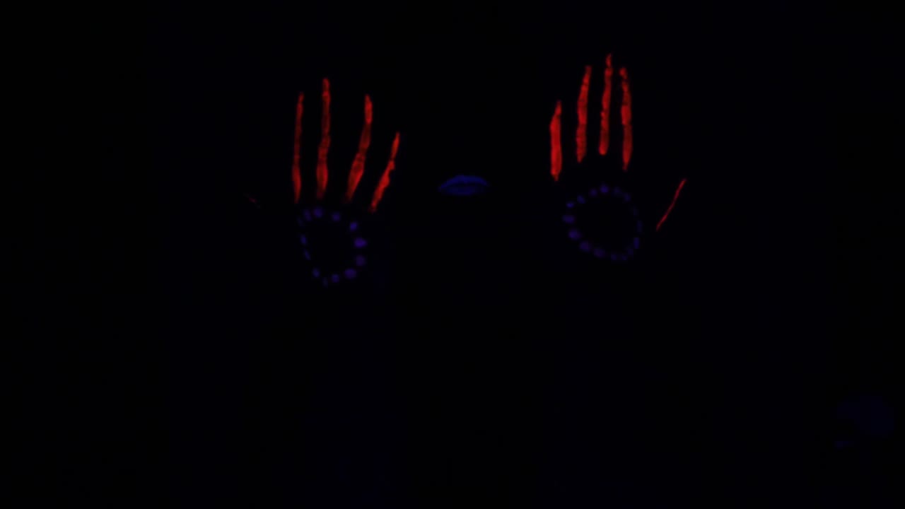 Glowing Fluorescent Hands and Mouth Moving in Darkness