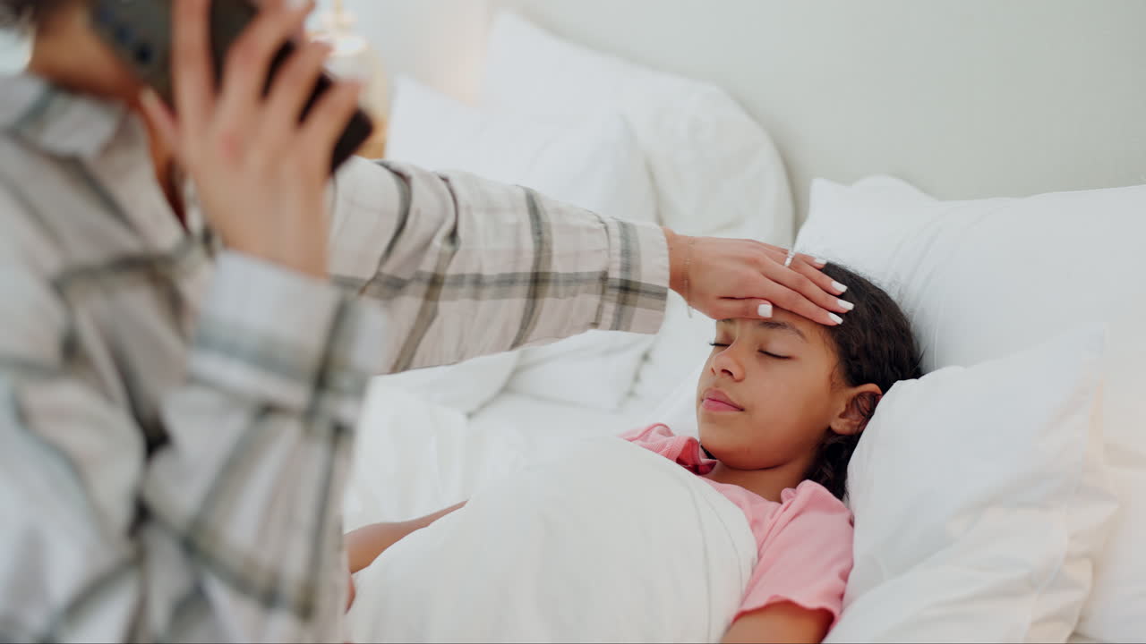 Mother, phone call and sick child with fever