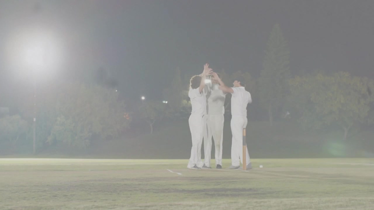 Cricketkaster kaster og vælter gærderne, mens markspillere appellerer og jubler over et gærdefald under lys.