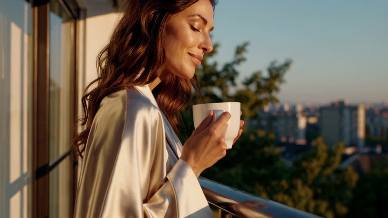 발코니 에서 커피 를 마시고 있는 여자