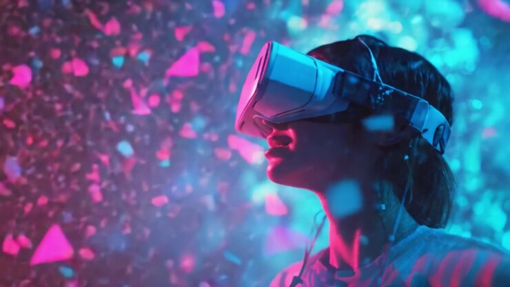 Esplorando i confini della realtà virtuale: un individuo immerso in un mondo vivido e multicolore, rapito da un'esperienza coinvolgente arricchita da forme astratte e luci colorate