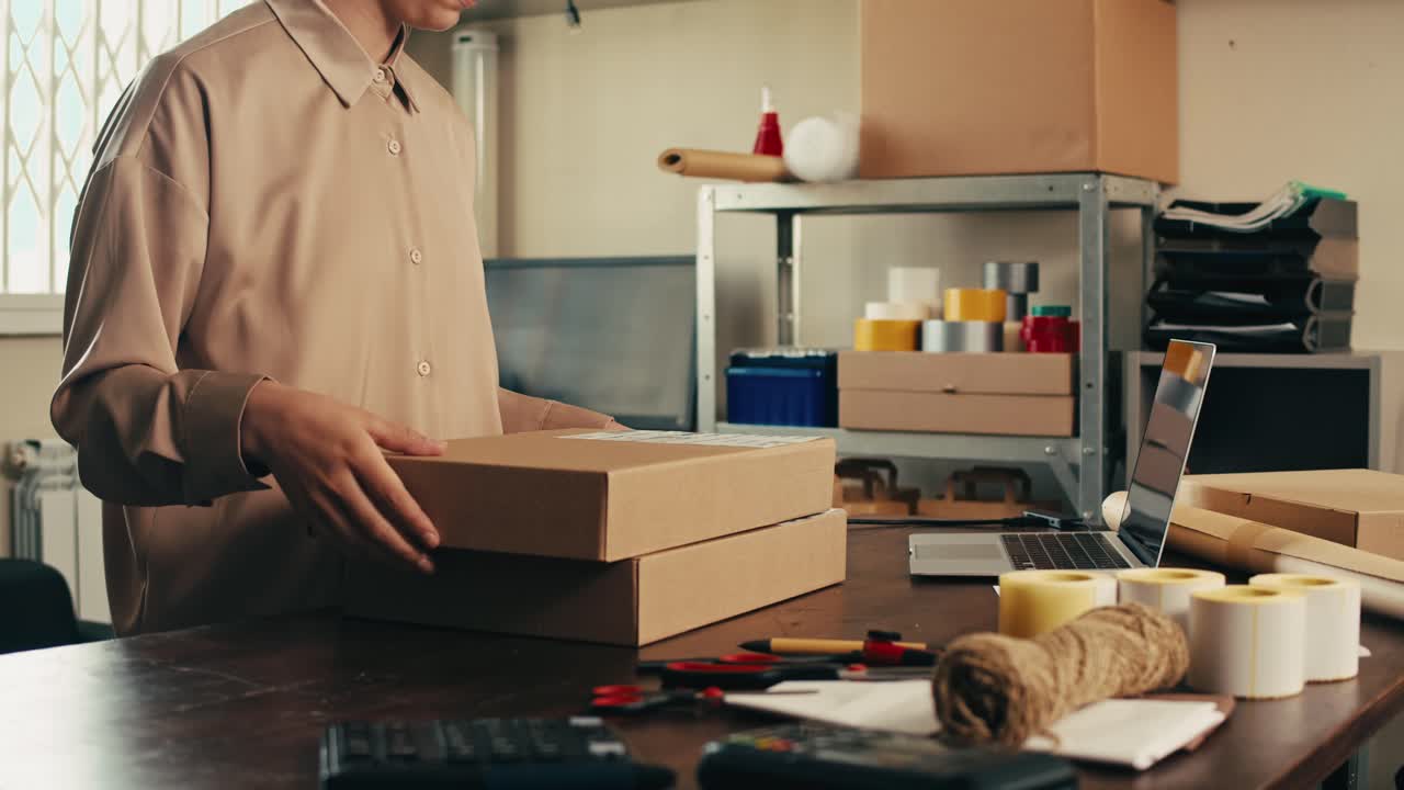 E-commerce storage shop, woman packing goods and clothes for second hand delivery market, dedicated Packaging and Shipping Workspace with Supplies and Technology for efficiency, online sales.