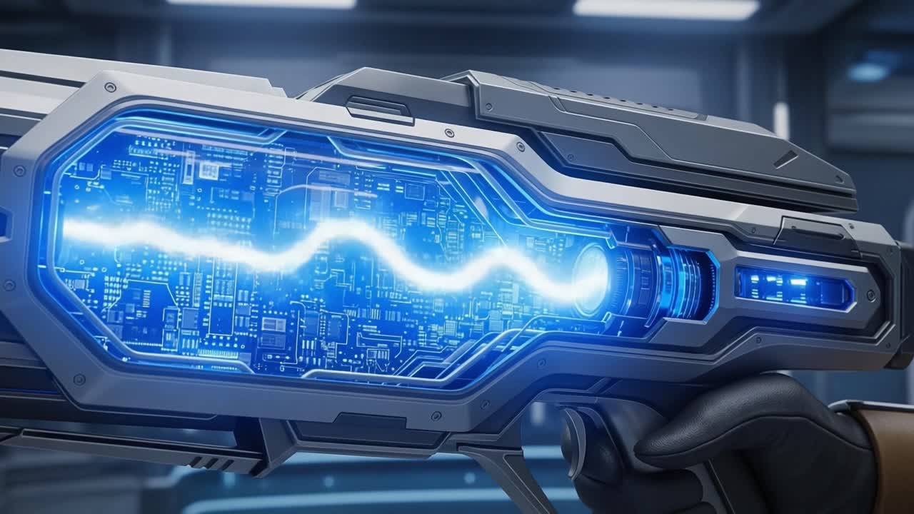 Futuristic Handheld Energy Weapon with Pulsating Energy Display and Advanced Technology Integration, Showcasing a Glimpse of Cutting-Edge Sci-Fi Design and Engineering Marvel