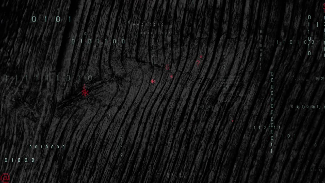 Small red symbols emerging triggers swirling code transforming to show code flow on wood texture