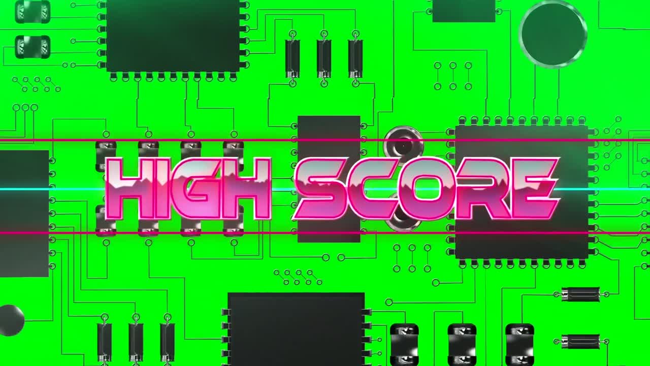 animazione di testo metallico rosa alto punteggio, su linee al neon, sulla scheda madre del computer verde
