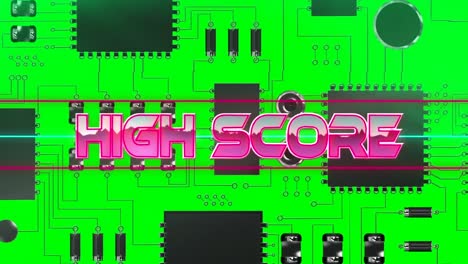 Animation of pink metallic text high score, over neon lines, on green computer motherboard