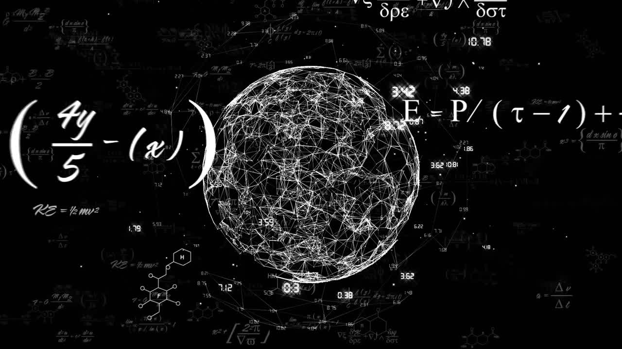 animación de ecuaciones matemáticas y globo con procesamiento de datos sobre fondo negro