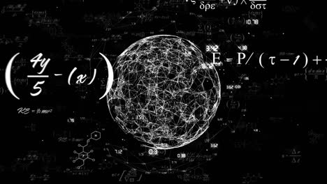 animation of mathematical equations and globe with data processing on black background