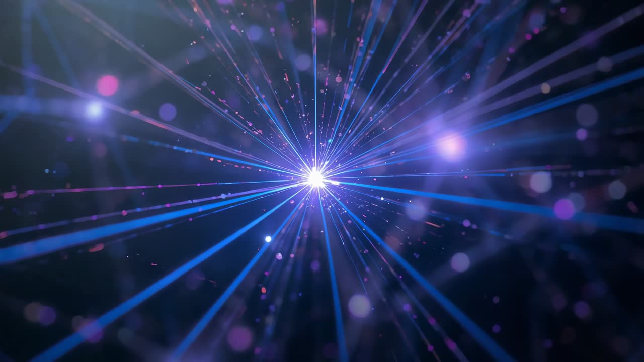 Pulsing core responding to camera zooming, sending expanding blue beams in space with pink specks
