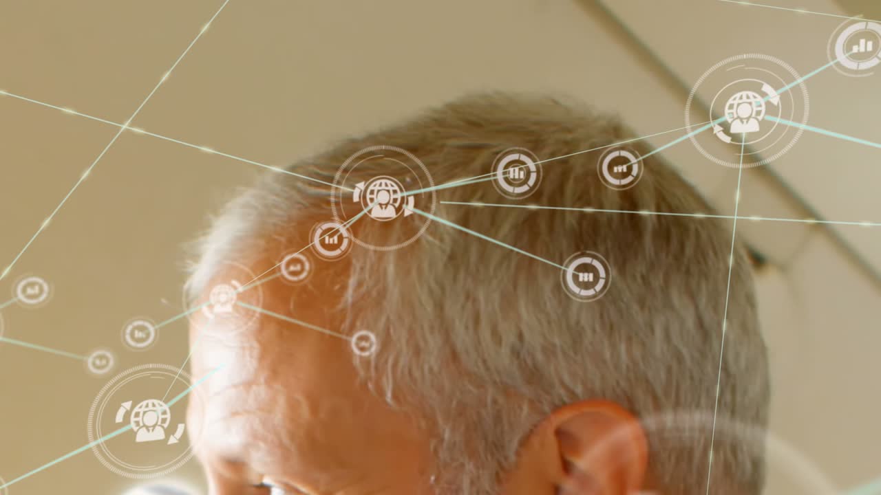 Animazione di una rete di connessioni con icone su un uomo d'affari caucasico in aereo