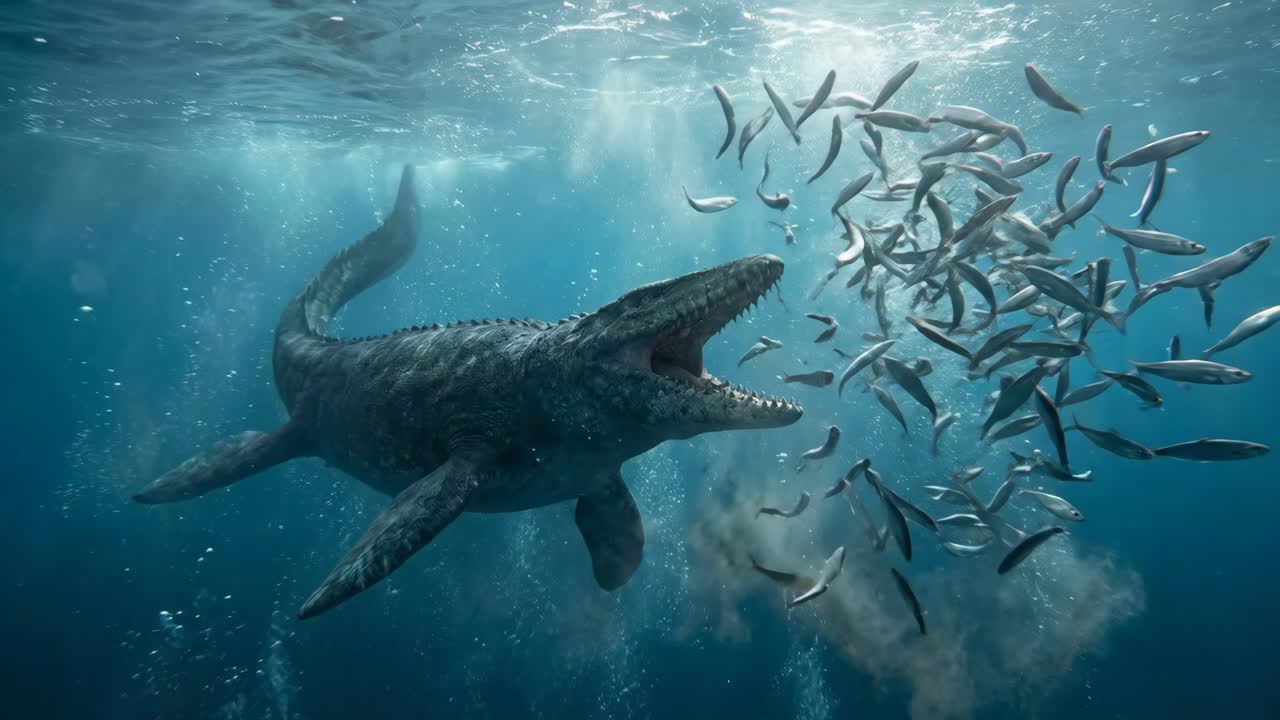 Mosasaurus Hunting Fish Underwater