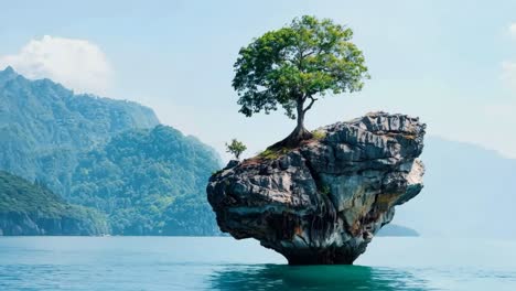 a lone tree on top of a rock in the middle of the ocean