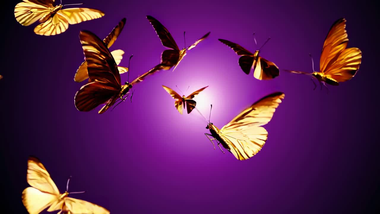 Un video ipnotico di farfalle dorate che volano su uno sfondo viola
