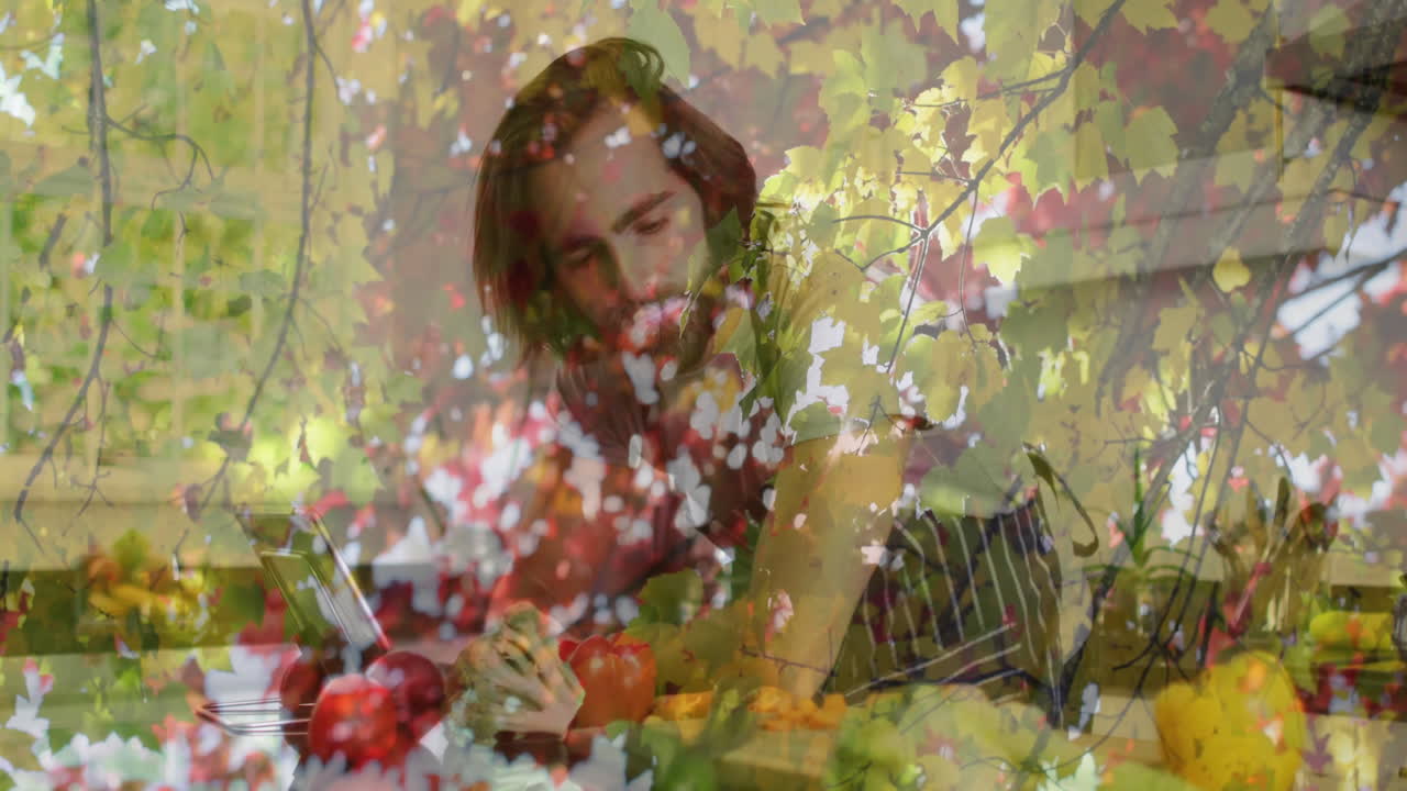 Working on laptop, man with autumn leaves animation in background