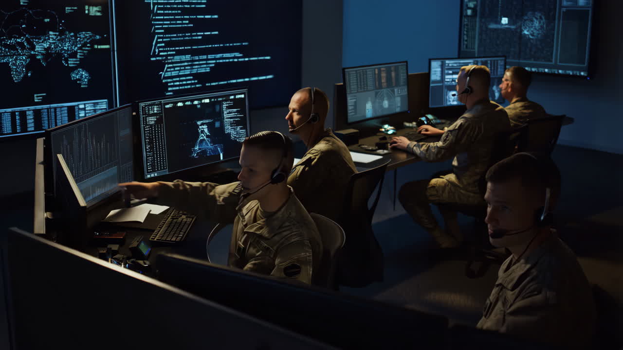 Military personnel working in a high-tech control room with multiple computer screens