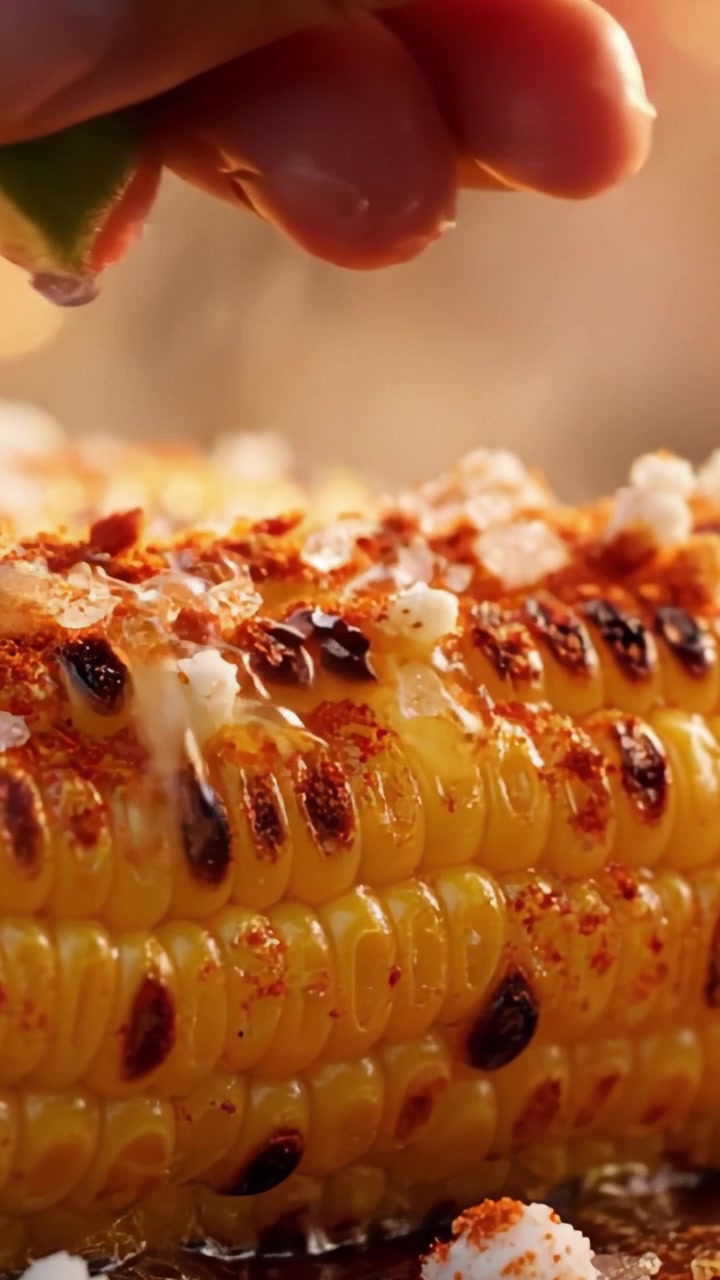 Un delizioso primo piano di pannocchia di mais grigliata condita con spezie e irrorata con salsa saporita, ideale per barbecue estivi e delizie culinarie.