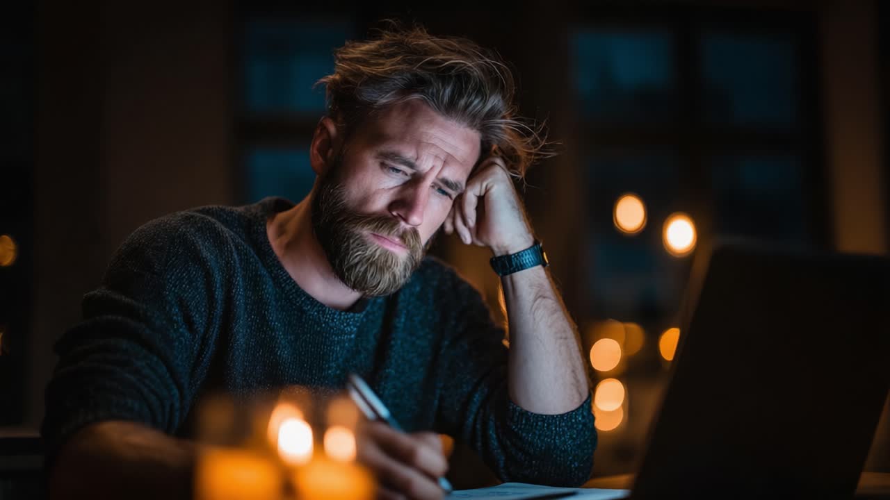 A Thoughtful Man in a Dimly Lit Room Reflects on His Work While Writing at His Laptop Surrounded by Candlelight and a Warm Atmosphere of Contemplation