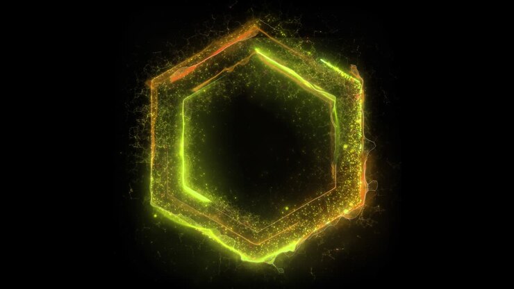 Seamless loop. Animation of a hexagonal portal with changing color consisting of lightning, energy and particles isolated on black background with alpha luma matte VFX CG 4k. Space door. Sci-fi. Futuristic.