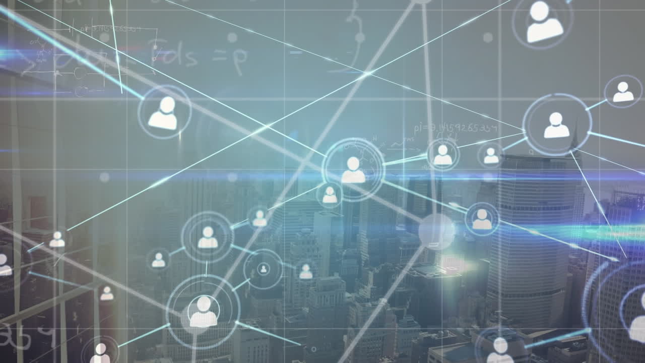 Animation of network of connections with icons and mathematical equations over city