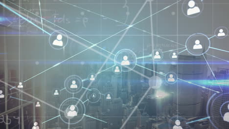 animation of network of connections with icons and mathematical equations over city