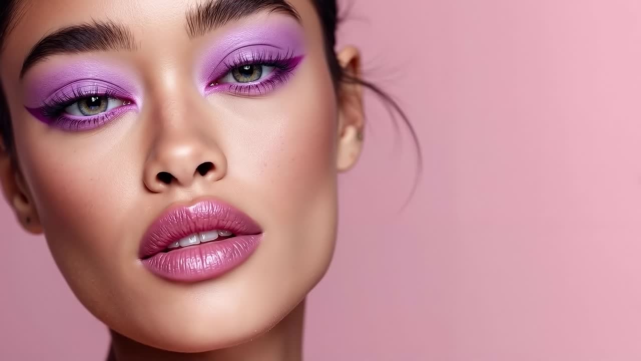 A woman with purple makeup and purple lipstick