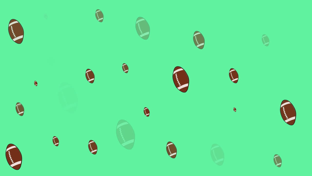 Animation of multiple rows of rugby balls on green background