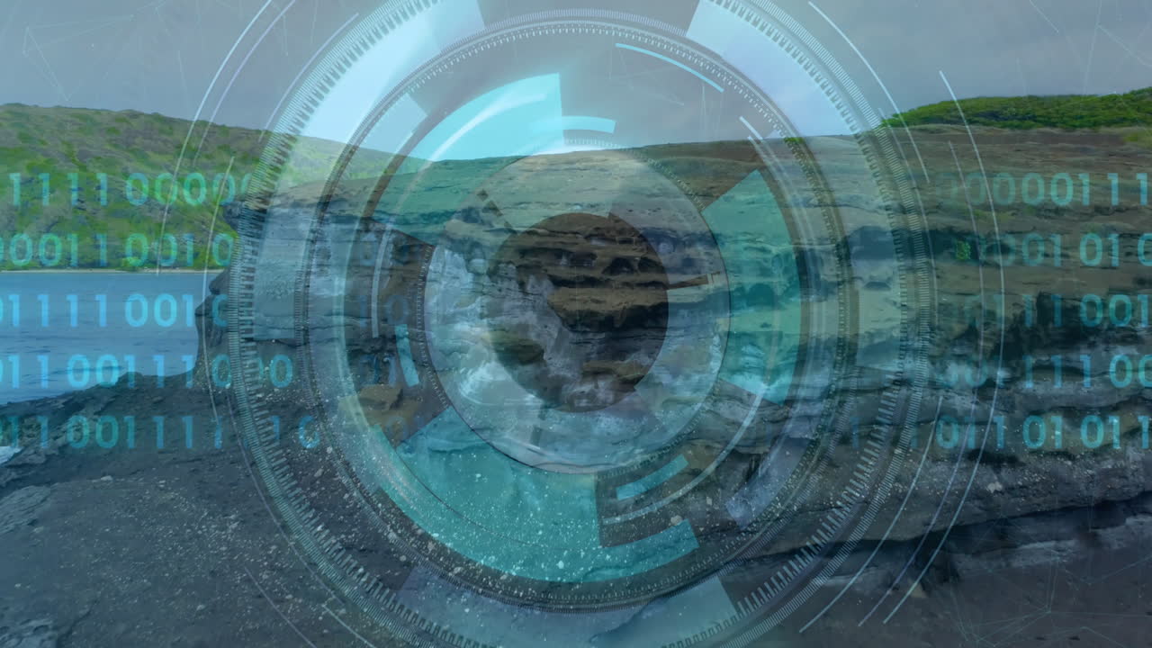 Circular HUD overlay floating over rocky shore, showing radial data dials and turquoise binary code