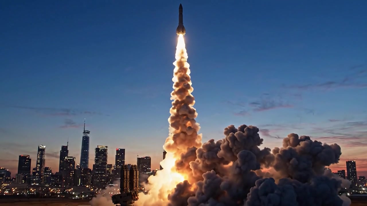 Spectacular Launch of a Rocket Against the Urban Skyline at Dusk With a Fiery Blast and Majestic Smoky Clouds Rising into the Night Sky