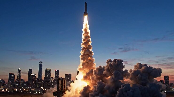Spectacular Launch of a Rocket Against the Urban Skyline at Dusk With a Fiery Blast and Majestic Smoky Clouds Rising into the Night Sky