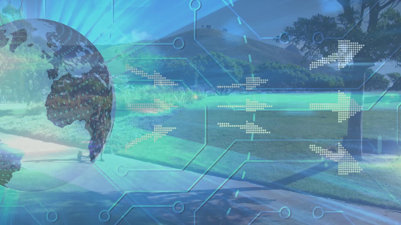 공원에서 스쿠터를 타고  ⁇ 고 있는 여자 위에 화살표가 있는 지구의 애니메이션