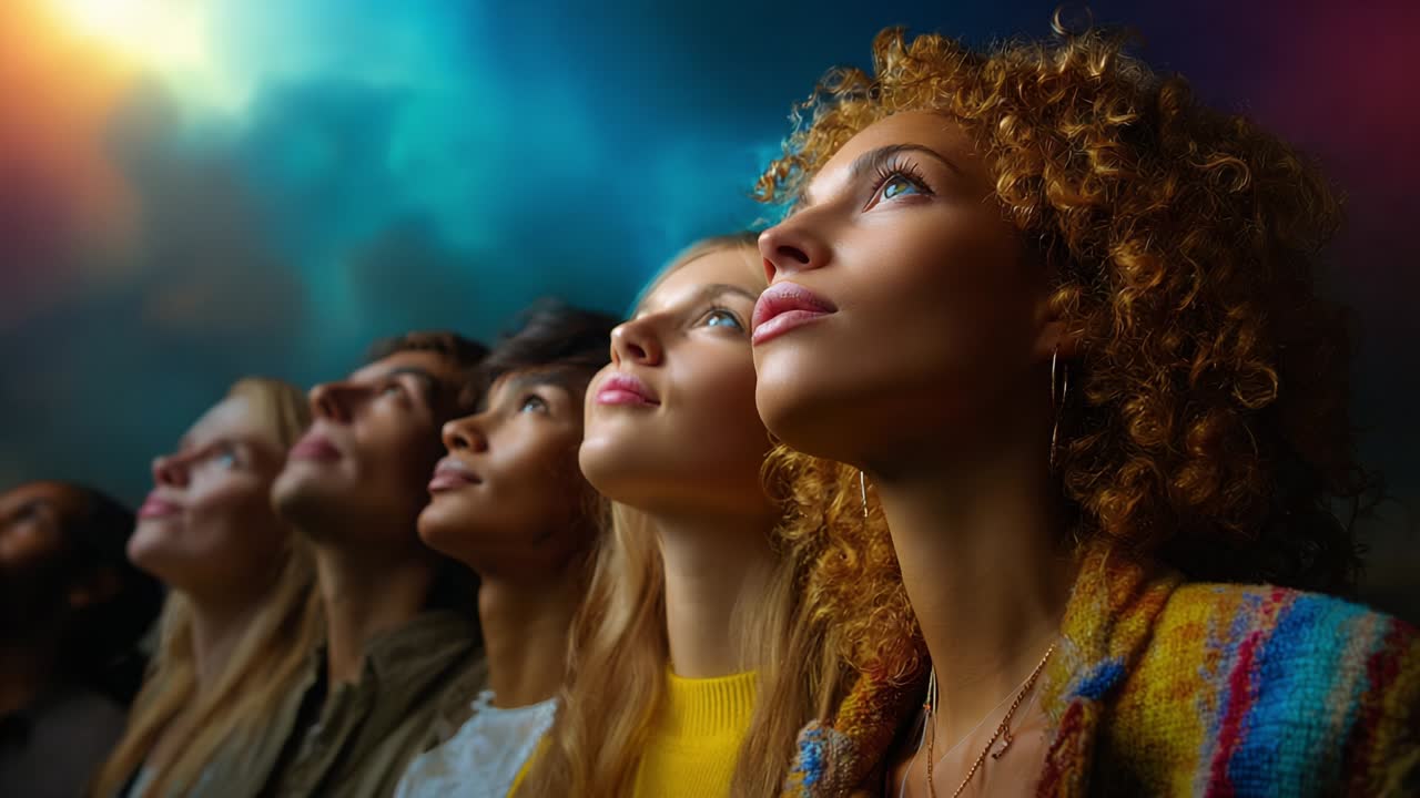 Diverse Group of Young People Looking Upward with Hope