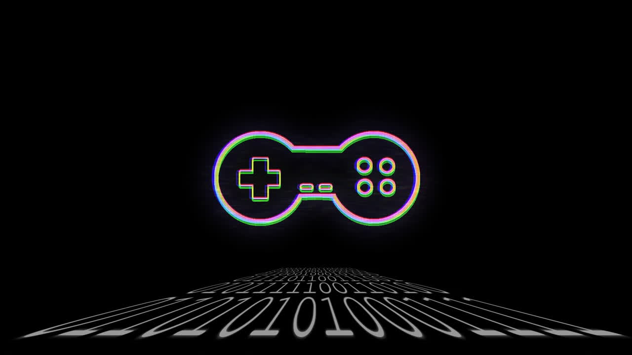 바이너리 코딩 배경 위의 게임 컨트롤 패드의 애니메이션