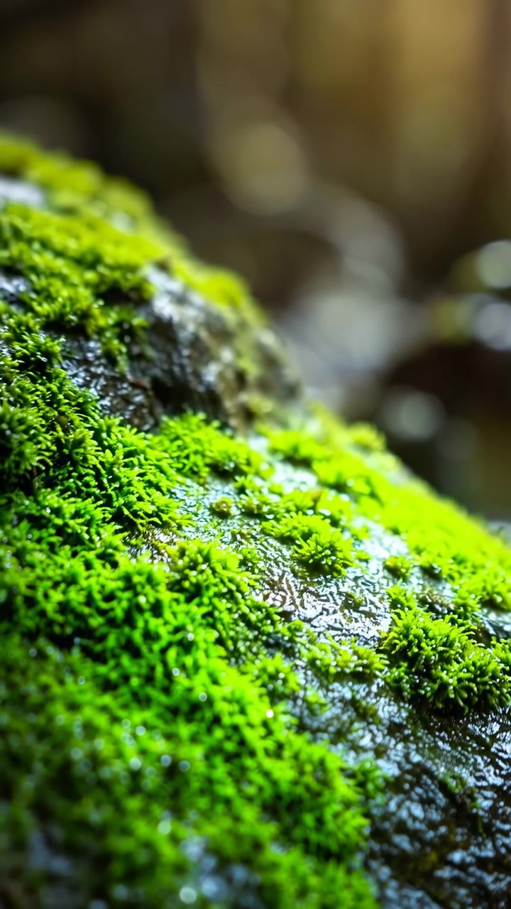 Primo piano ad angolo basso mostra muschio verde brillante che copre densamente una roccia scura e bagnata in un ambiente forestale, con texture lucida, piccole goccioline d'acqua, sfocatura dello sfondo morbida e ricchi dettagli terrosi.