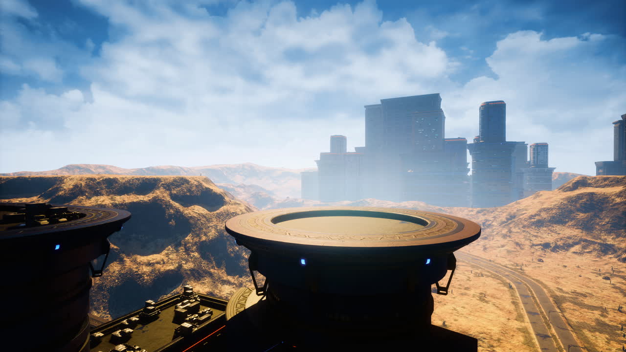 Majestic landscape blending futuristic architecture with rugged terrain