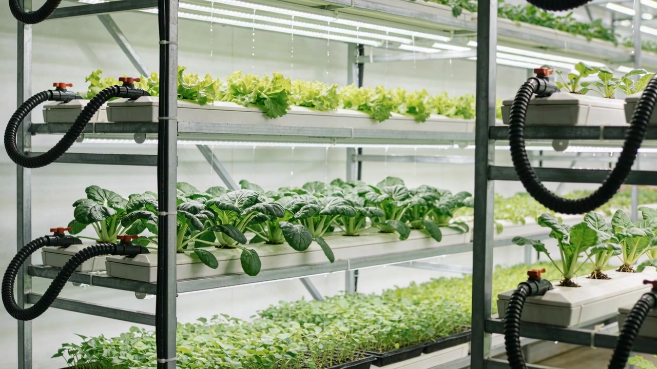 Avvio del flusso di nutrienti, scaffali idroponici a più livelli che alimentano verdure a foglia attraverso tubi, LED che brillano.