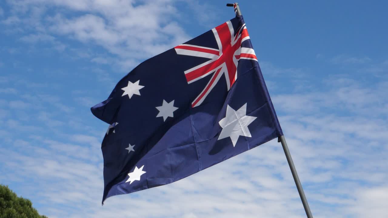 오스트레일리아 발이 느린 동작으로 바람에 흔들리고 있다. 푸른 하늘 배경으로 가까이에서 볼 수 있다.