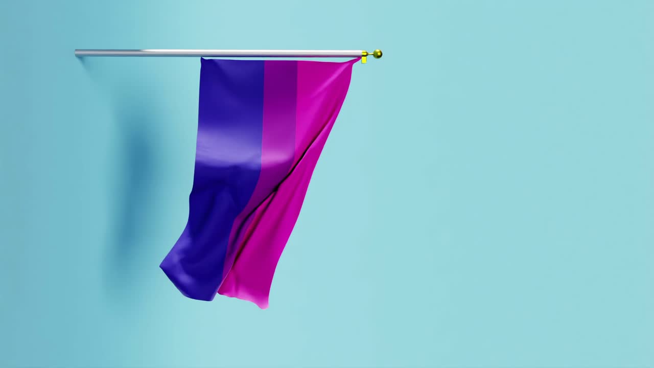 Bisexual Pride Flag flowing against blue background, 3D animation vertical