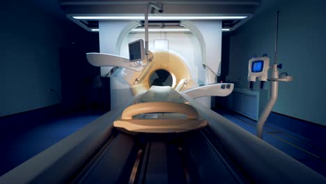 wide angle view of an empty mri ct pet scanner. tomograph is entering the state of readiness.