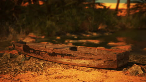 a wooden boat in a desert oasis