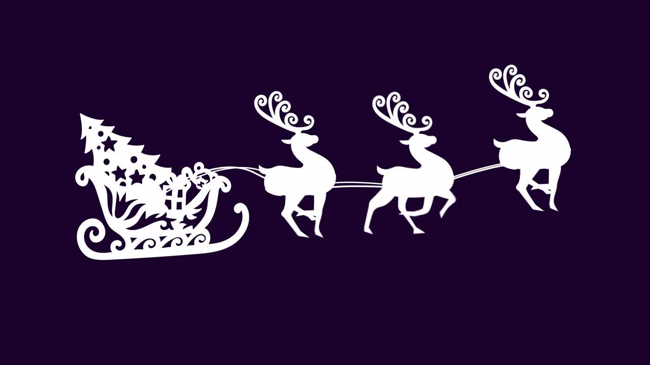 Loop starting, white sleigh and 3 reindeer galloping, neon bands shifting, creating festive motion