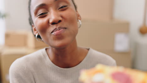 Couple-eating,-pizza-food-and-homeowner-moving-to