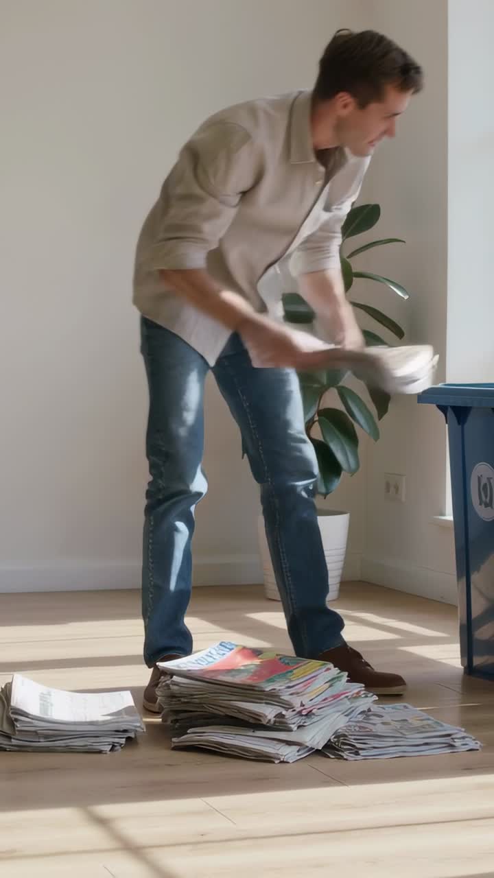 Video verticale: Uomo in camicia che trova e smista documenti per il riciclo, spostando pile nel bidone blu, a casa.